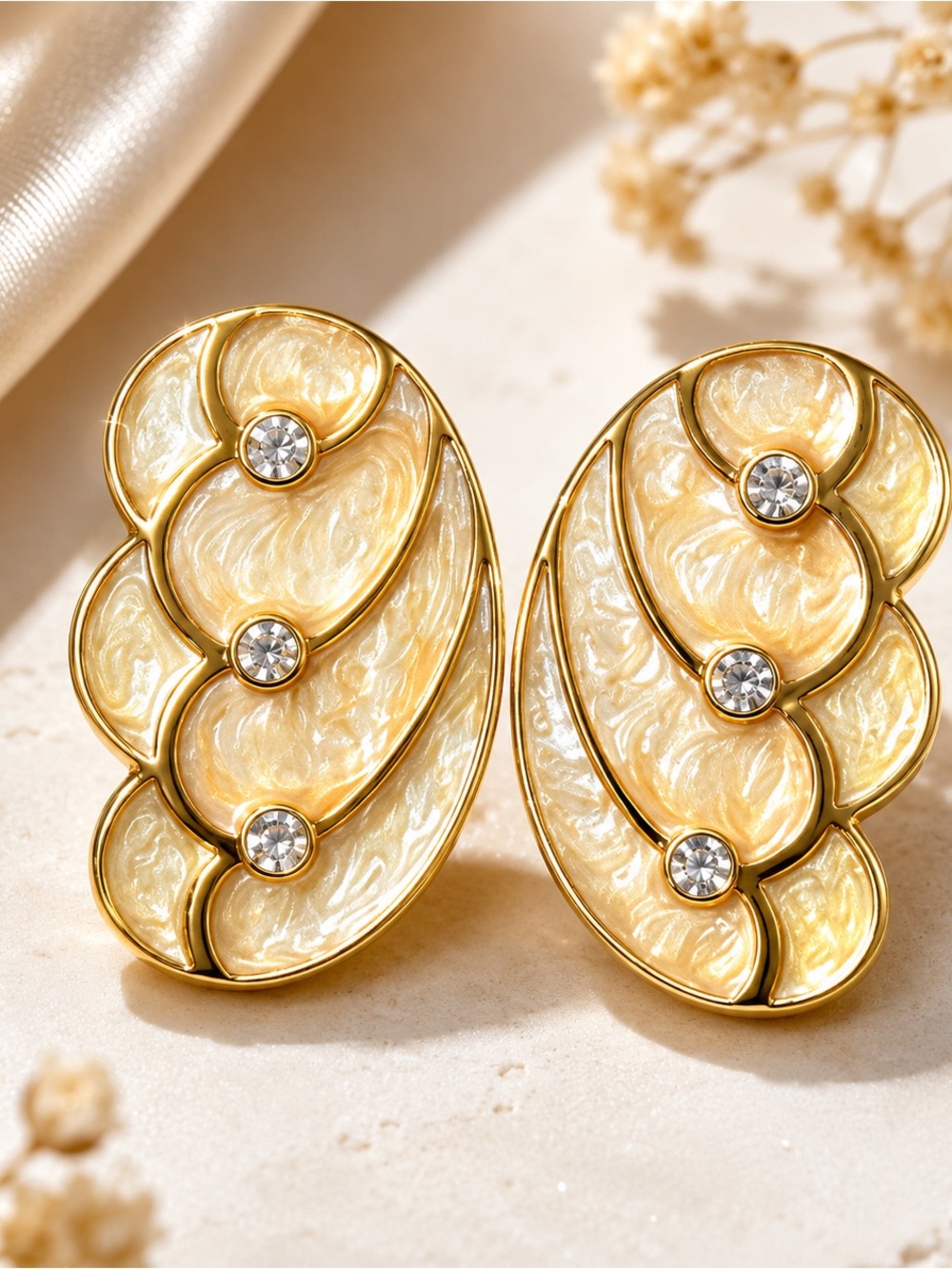 KJL for Avon Cream Enamel Butterfly Wings Rhinestone Vintage Earrings